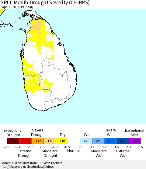 Sri Lanka SPI 1-Month Drought Severity (CHIRPS) Thematic Map For 4/1/2019 - 4/30/2019