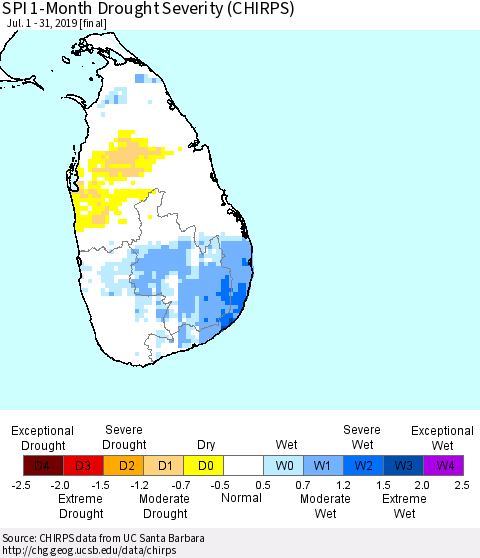 Sri Lanka SPI 1-Month Drought Severity (CHIRPS) Thematic Map For 7/1/2019 - 7/31/2019