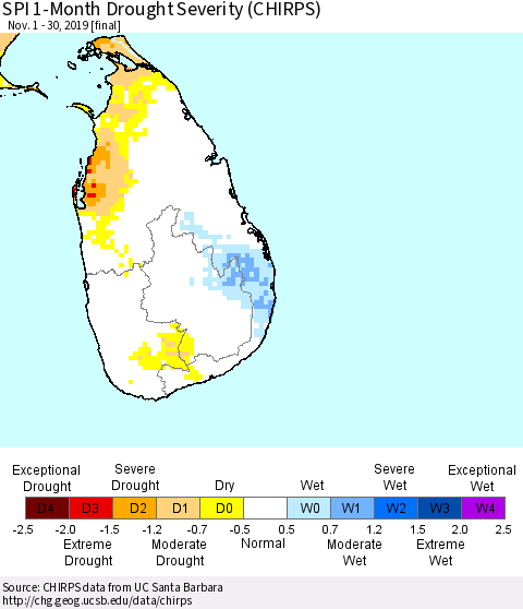 Sri Lanka SPI 1-Month Drought Severity (CHIRPS) Thematic Map For 11/1/2019 - 11/30/2019