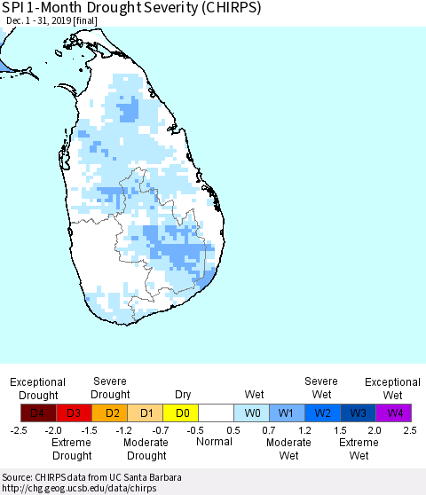 Sri Lanka SPI 1-Month Drought Severity (CHIRPS) Thematic Map For 12/1/2019 - 12/31/2019