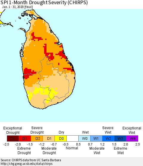 Sri Lanka SPI 1-Month Drought Severity (CHIRPS) Thematic Map For 1/1/2020 - 1/31/2020