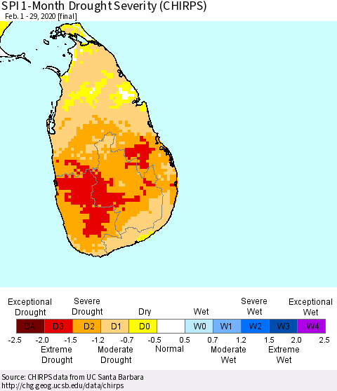 Sri Lanka SPI 1-Month Drought Severity (CHIRPS) Thematic Map For 2/1/2020 - 2/29/2020