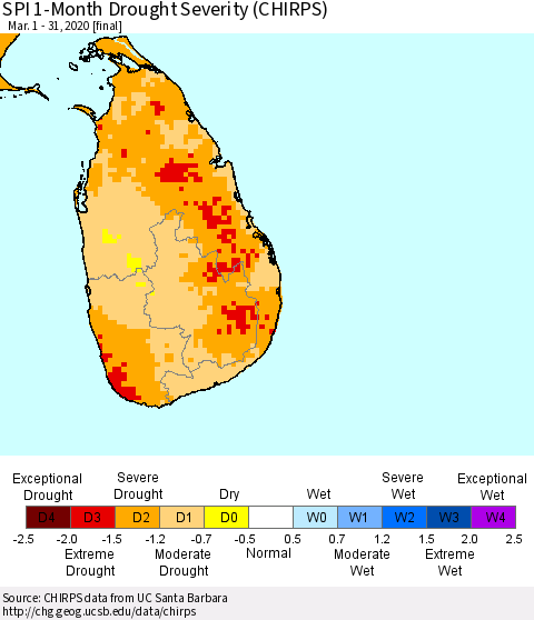 Sri Lanka SPI 1-Month Drought Severity (CHIRPS) Thematic Map For 3/1/2020 - 3/31/2020