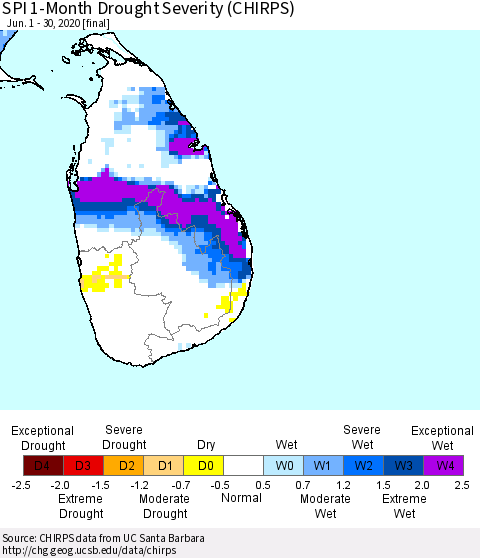 Sri Lanka SPI 1-Month Drought Severity (CHIRPS) Thematic Map For 6/1/2020 - 6/30/2020
