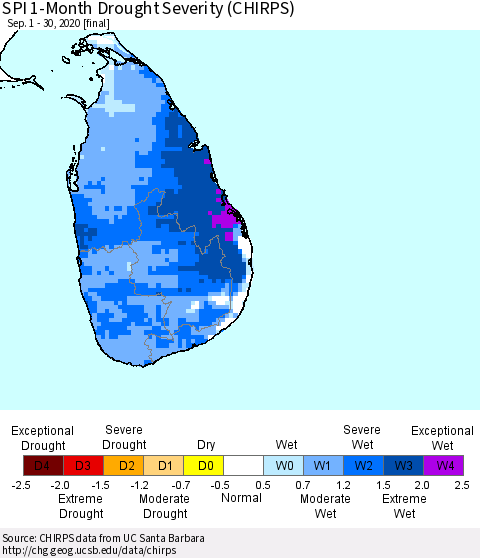 Sri Lanka SPI 1-Month Drought Severity (CHIRPS) Thematic Map For 9/1/2020 - 9/30/2020