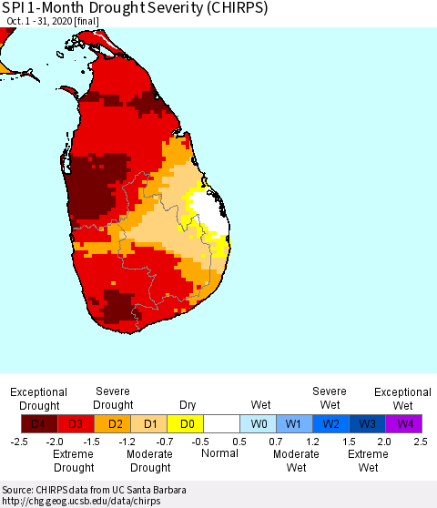 Sri Lanka SPI 1-Month Drought Severity (CHIRPS) Thematic Map For 10/1/2020 - 10/31/2020