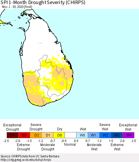 Sri Lanka SPI 1-Month Drought Severity (CHIRPS) Thematic Map For 11/1/2020 - 11/30/2020