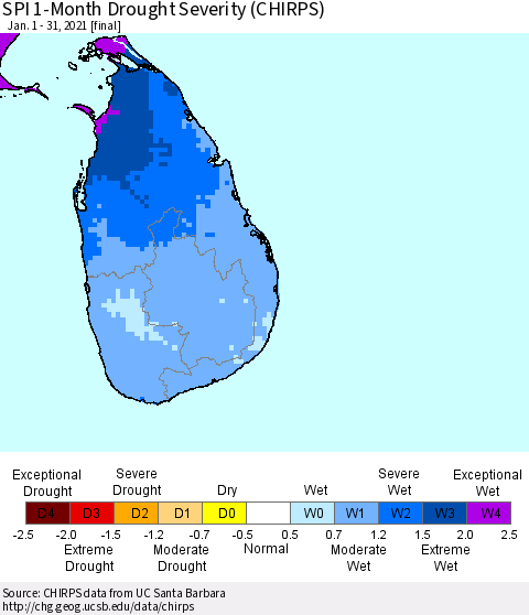 Sri Lanka SPI 1-Month Drought Severity (CHIRPS) Thematic Map For 1/1/2021 - 1/31/2021