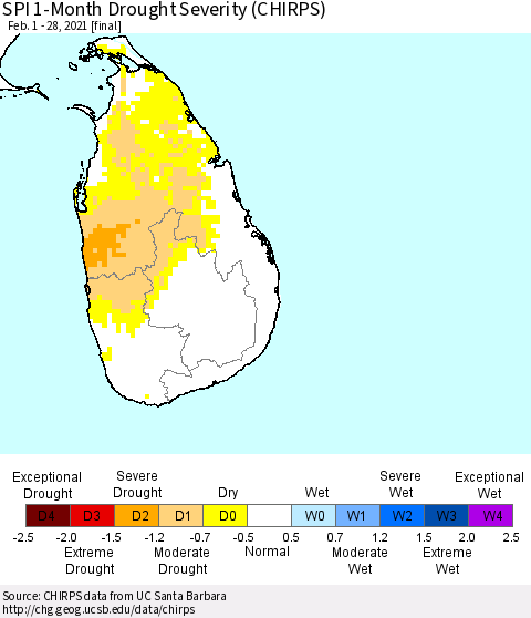 Sri Lanka SPI 1-Month Drought Severity (CHIRPS) Thematic Map For 2/1/2021 - 2/28/2021