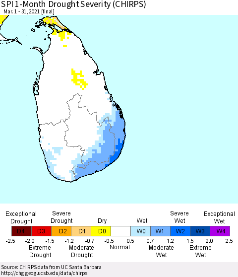 Sri Lanka SPI 1-Month Drought Severity (CHIRPS) Thematic Map For 3/1/2021 - 3/31/2021