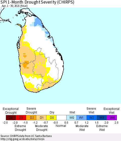 Sri Lanka SPI 1-Month Drought Severity (CHIRPS) Thematic Map For 4/1/2021 - 4/30/2021