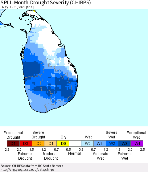 Sri Lanka SPI 1-Month Drought Severity (CHIRPS) Thematic Map For 5/1/2021 - 5/31/2021