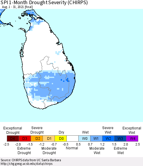 Sri Lanka SPI 1-Month Drought Severity (CHIRPS) Thematic Map For 8/1/2021 - 8/31/2021