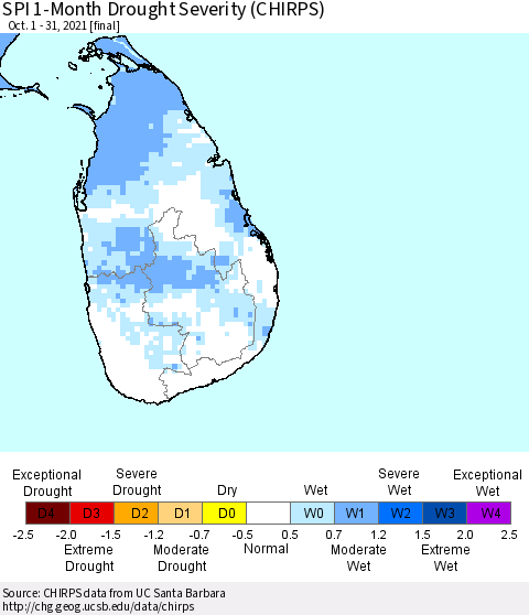 Sri Lanka SPI 1-Month Drought Severity (CHIRPS) Thematic Map For 10/1/2021 - 10/31/2021