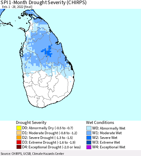 Sri Lanka SPI 1-Month Drought Severity (CHIRPS) Thematic Map For 2/1/2022 - 2/28/2022