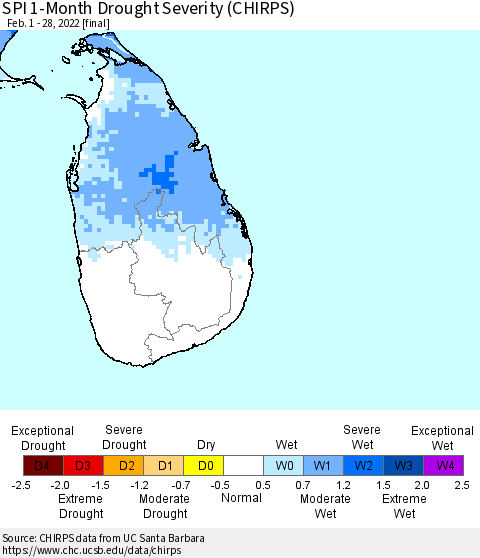 Sri Lanka SPI 1-Month Drought Severity (CHIRPS) Thematic Map For 2/1/2022 - 2/28/2022