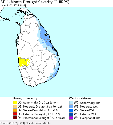 Sri Lanka SPI 1-Month Drought Severity (CHIRPS) Thematic Map For 3/1/2022 - 3/31/2022