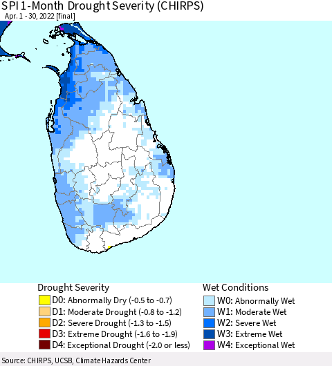 Sri Lanka SPI 1-Month Drought Severity (CHIRPS) Thematic Map For 4/1/2022 - 4/30/2022