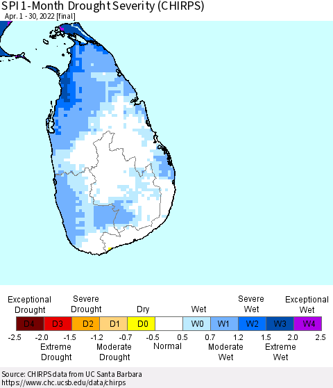 Sri Lanka SPI 1-Month Drought Severity (CHIRPS) Thematic Map For 4/1/2022 - 4/30/2022