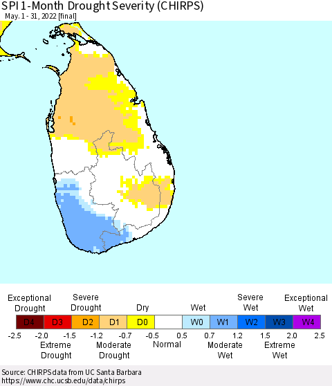 Sri Lanka SPI 1-Month Drought Severity (CHIRPS) Thematic Map For 5/1/2022 - 5/31/2022