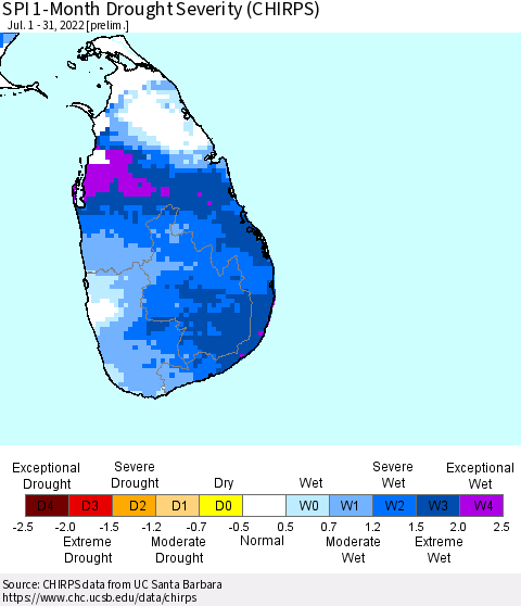 Sri Lanka SPI 1-Month Drought Severity (CHIRPS) Thematic Map For 7/1/2022 - 7/31/2022