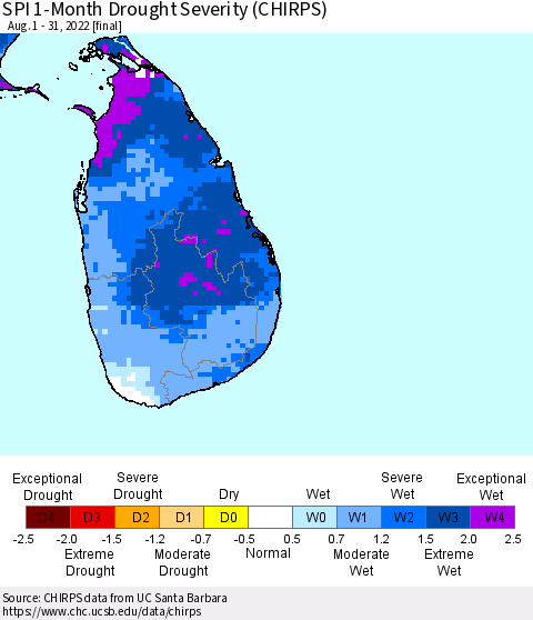 Sri Lanka SPI 1-Month Drought Severity (CHIRPS) Thematic Map For 8/1/2022 - 8/31/2022