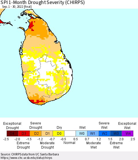 Sri Lanka SPI 1-Month Drought Severity (CHIRPS) Thematic Map For 9/1/2022 - 9/30/2022