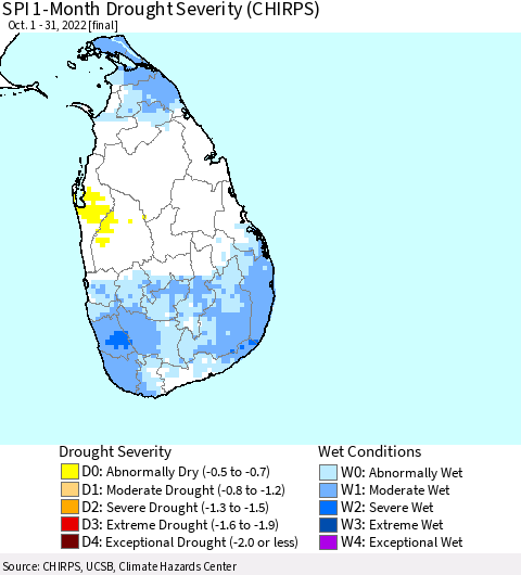 Sri Lanka SPI 1-Month Drought Severity (CHIRPS) Thematic Map For 10/1/2022 - 10/31/2022