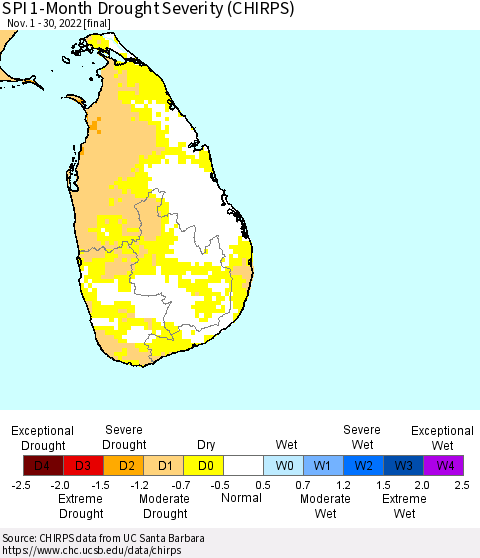 Sri Lanka SPI 1-Month Drought Severity (CHIRPS) Thematic Map For 11/1/2022 - 11/30/2022
