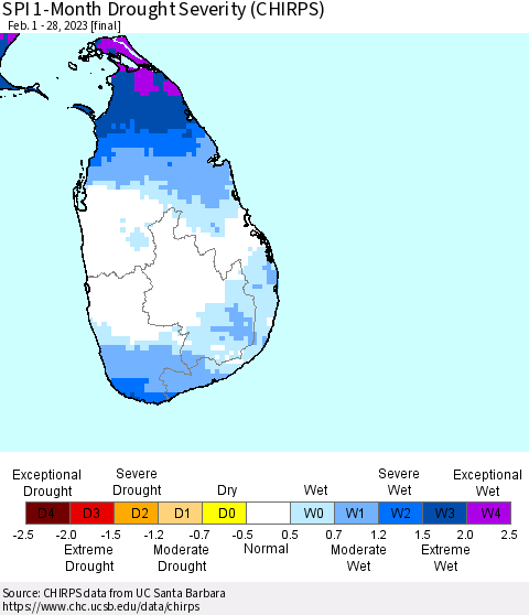 Sri Lanka SPI 1-Month Drought Severity (CHIRPS) Thematic Map For 2/1/2023 - 2/28/2023