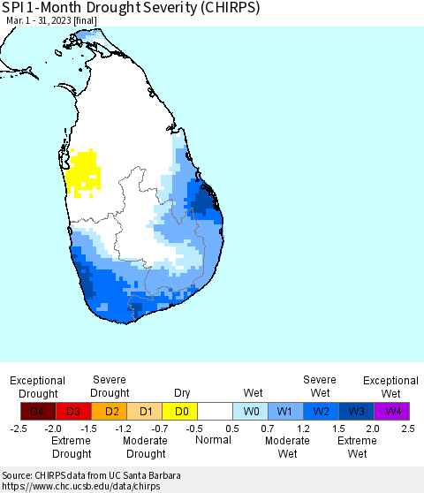 Sri Lanka SPI 1-Month Drought Severity (CHIRPS) Thematic Map For 3/1/2023 - 3/31/2023
