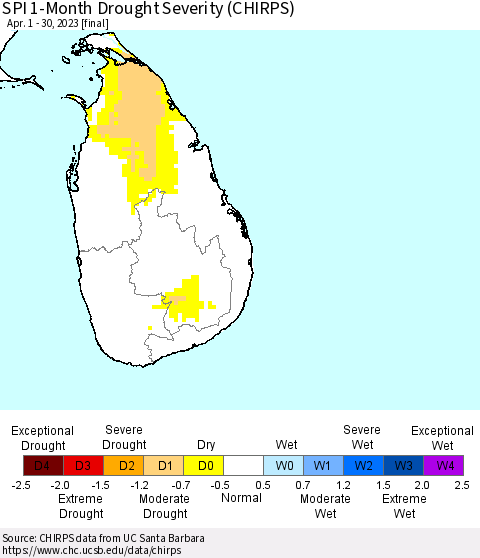 Sri Lanka SPI 1-Month Drought Severity (CHIRPS) Thematic Map For 4/1/2023 - 4/30/2023