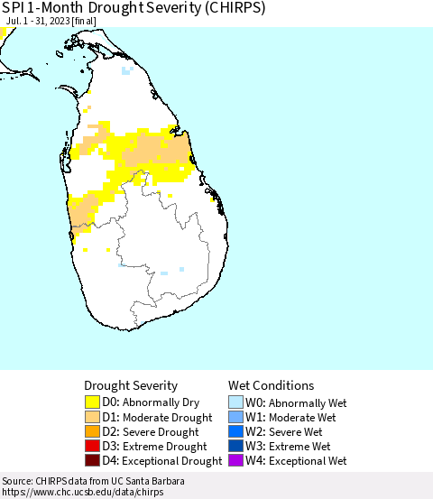 Sri Lanka SPI 1-Month Drought Severity (CHIRPS) Thematic Map For 7/1/2023 - 7/31/2023