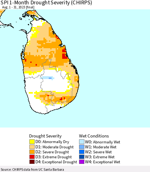 Sri Lanka SPI 1-Month Drought Severity (CHIRPS) Thematic Map For 8/1/2023 - 8/31/2023