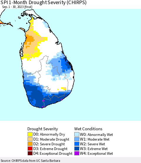 Sri Lanka SPI 1-Month Drought Severity (CHIRPS) Thematic Map For 9/1/2023 - 9/30/2023
