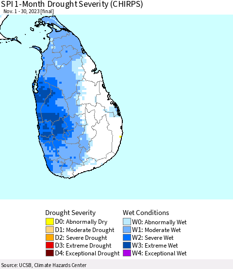 Sri Lanka SPI 1-Month Drought Severity (CHIRPS) Thematic Map For 11/1/2023 - 11/30/2023