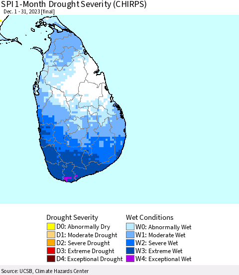 Sri Lanka SPI 1-Month Drought Severity (CHIRPS) Thematic Map For 12/1/2023 - 12/31/2023