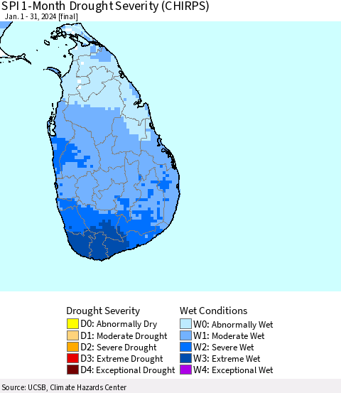 Sri Lanka SPI 1-Month Drought Severity (CHIRPS) Thematic Map For 1/1/2024 - 1/31/2024