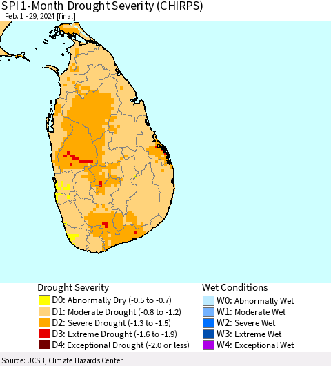 Sri Lanka SPI 1-Month Drought Severity (CHIRPS) Thematic Map For 2/1/2024 - 2/29/2024