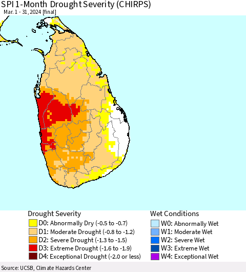 Sri Lanka SPI 1-Month Drought Severity (CHIRPS) Thematic Map For 3/1/2024 - 3/31/2024