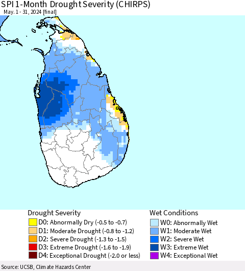 Sri Lanka SPI 1-Month Drought Severity (CHIRPS) Thematic Map For 5/1/2024 - 5/31/2024