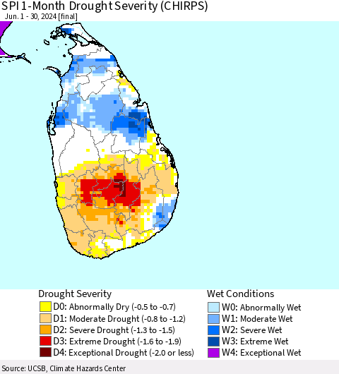 Sri Lanka SPI 1-Month Drought Severity (CHIRPS) Thematic Map For 6/1/2024 - 6/30/2024