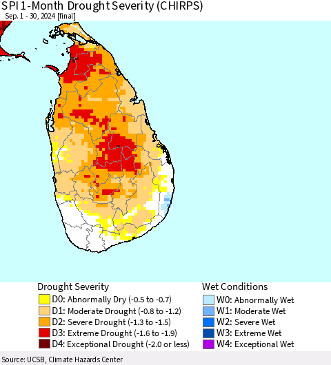 Sri Lanka SPI 1-Month Drought Severity (CHIRPS) Thematic Map For 9/1/2024 - 9/30/2024