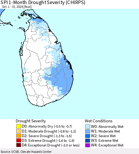 Sri Lanka SPI 1-Month Drought Severity (CHIRPS) Thematic Map For 10/1/2024 - 10/31/2024