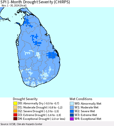 Sri Lanka SPI 1-Month Drought Severity (CHIRPS) Thematic Map For 11/1/2024 - 11/30/2024
