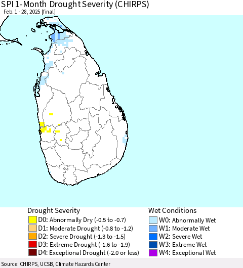 Sri Lanka SPI 1-Month Drought Severity (CHIRPS) Thematic Map For 2/1/2025 - 2/28/2025