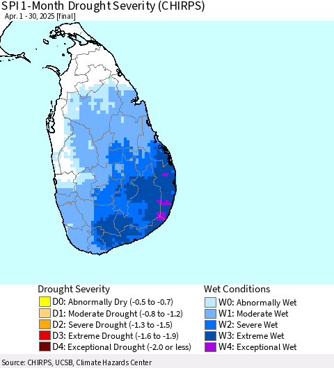 Sri Lanka SPI 1-Month Drought Severity (CHIRPS) Thematic Map For 4/1/2025 - 4/30/2025