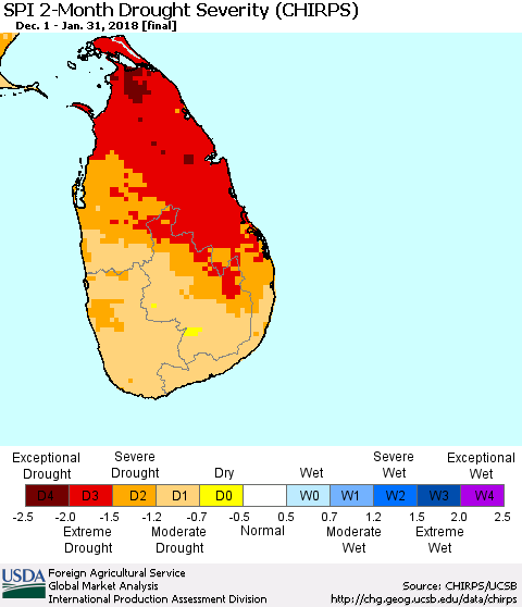 Sri Lanka SPI 2-Month Drought Severity (CHIRPS) Thematic Map For 12/1/2017 - 1/31/2018