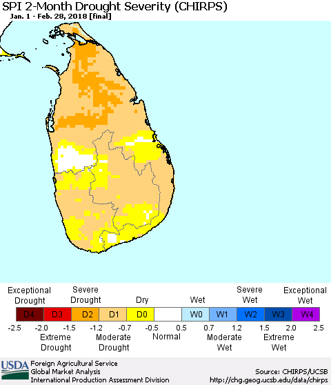 Sri Lanka SPI 2-Month Drought Severity (CHIRPS) Thematic Map For 1/1/2018 - 2/28/2018
