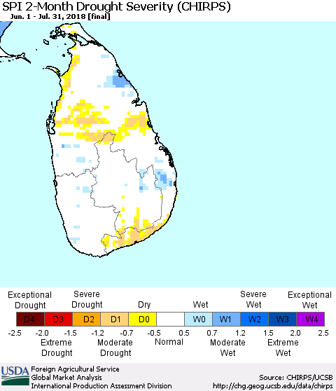 Sri Lanka SPI 2-Month Drought Severity (CHIRPS) Thematic Map For 6/1/2018 - 7/31/2018